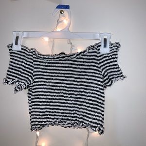 Black and White Smocked Off the Shoulder Crop Top
